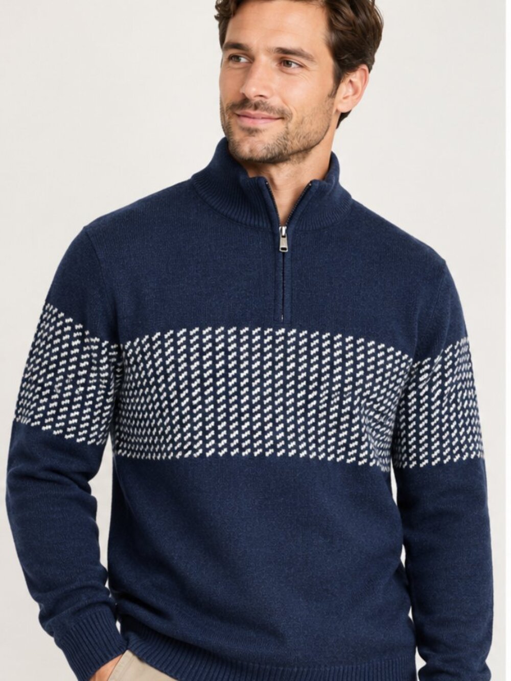 GAP Men's M Tall Navy Birdseye Quarter Zip Sweater Wool Blend